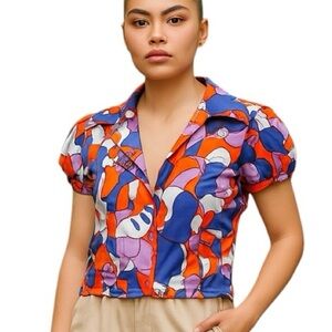 WD•NY 8 White Vibrant Short Sleeve Blazer Jacket Retro 60s Style